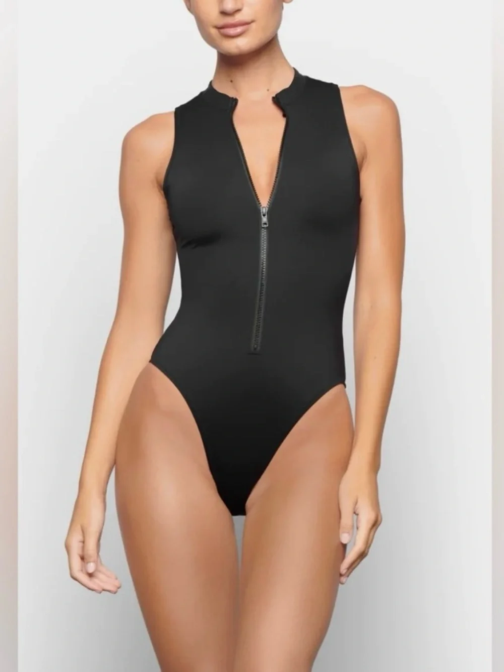 SKIMS Black Zip-Up High-Cut One-Piece Swimsuit